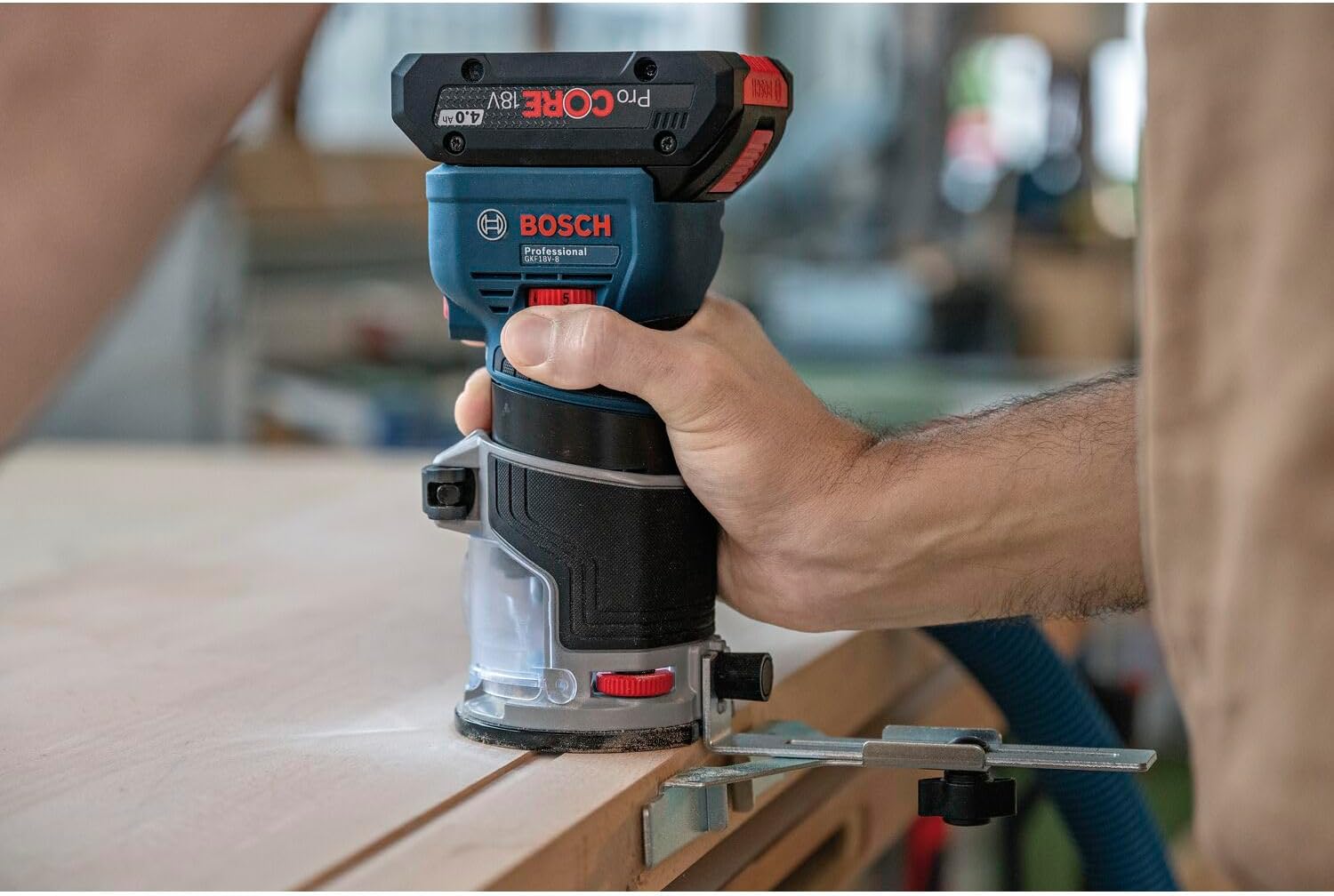 Bosch Professional 18V System Cordless Router GKF 18V-8 (incl. Parallel Guide, 2X Routing vac adaptors, Chip Shield, 8mm Collet, Wrench, Without Battery/Charger)