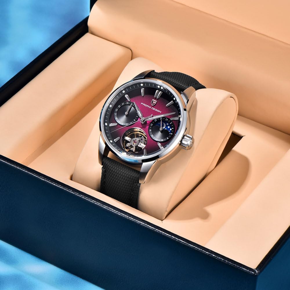 Pagani Design Luxury Men's Automatic Watch Skeleton Tourbillon Moon Phase Stainless Steel 100m Waterproof Leather Strap Men's Mechanical Watch