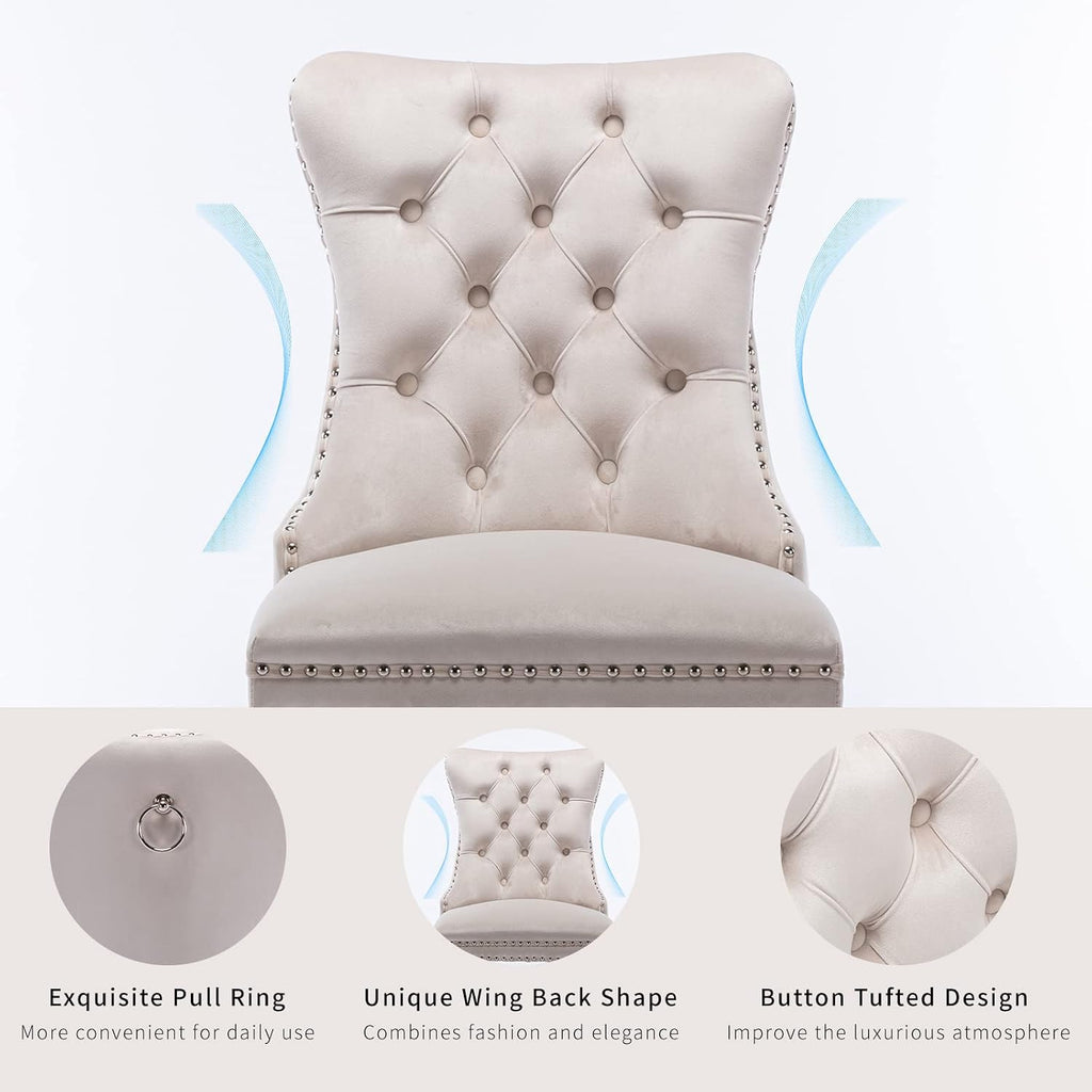 ODUSE-DAILY Beige Velvet Dining Chairs Set of 4, Kitchen & Dining Room Chairs, Fabric Tufted Dinning, Velvet Upholstered, High Wing Back, Pull Ring, Wood Frame, Mid Century Modern, Sillas de Comedor