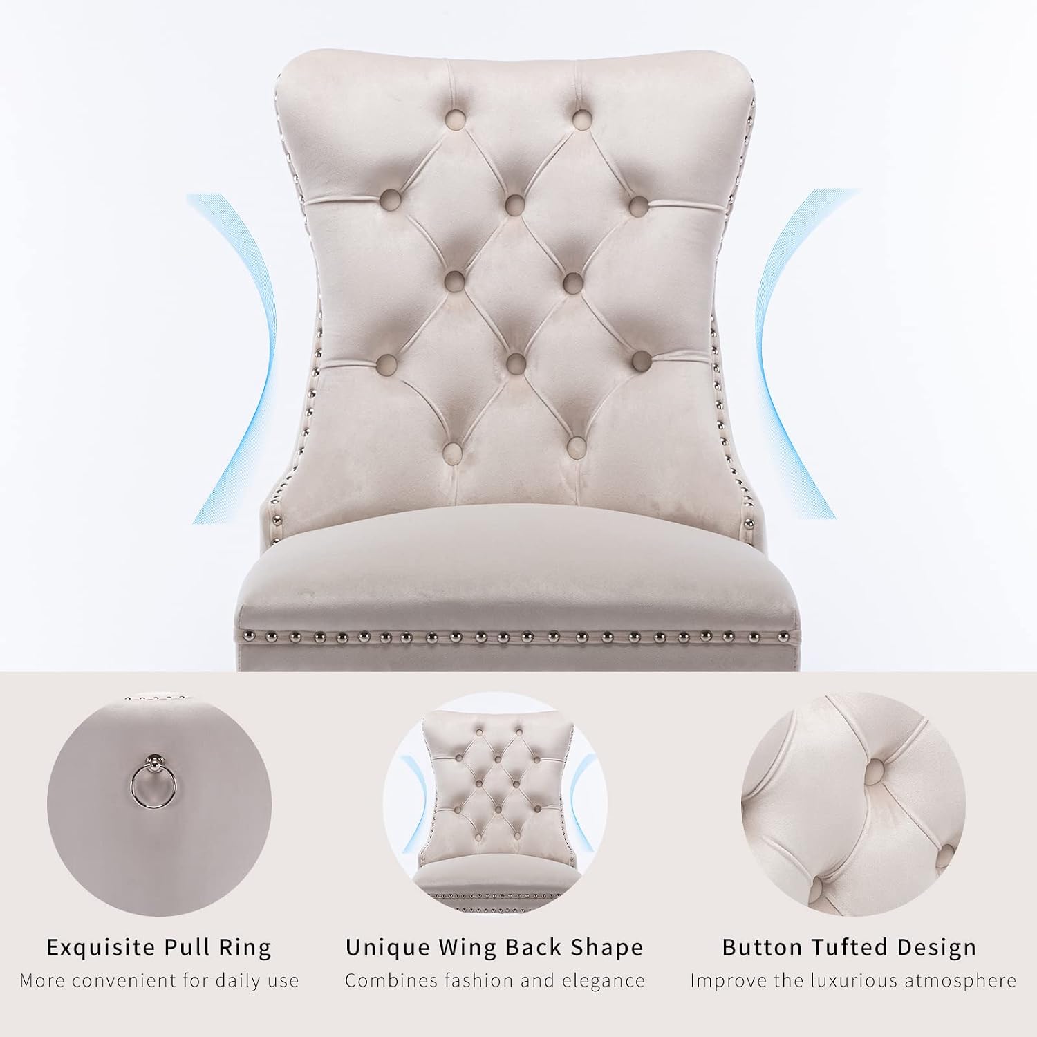 ODUSE-DAILY Beige Velvet Dining Chairs Set of 4, Kitchen & Dining Room Chairs, Fabric Tufted Dinning, Velvet Upholstered, High Wing Back, Pull Ring, Wood Frame, Mid Century Modern, Sillas de Comedor