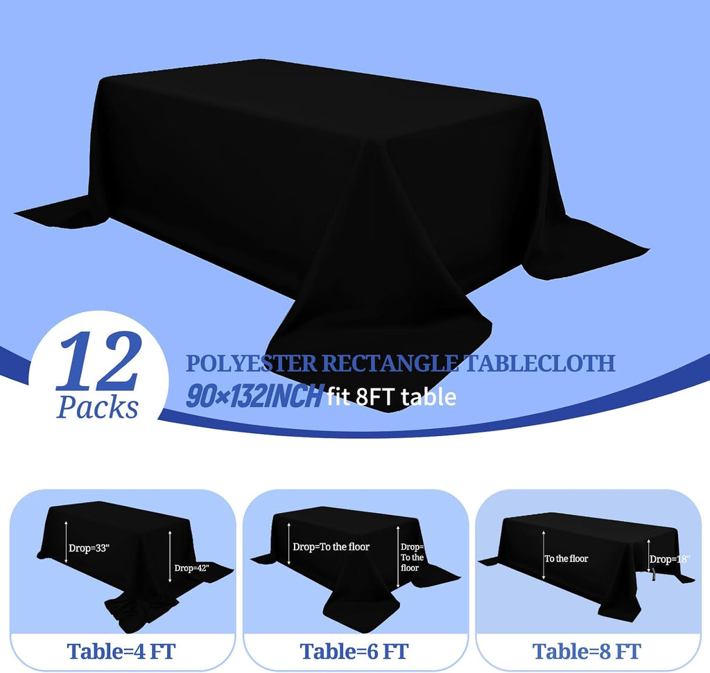 Pesonlook 12 Pack Black Polyester Tablecloth-90 x 132 Inch Black Rectangle Tablecloth for 8 Ft Rectangle Tables,Washable Fabric Table Cover for Wedding/Buffet Party/Dining Table/Events