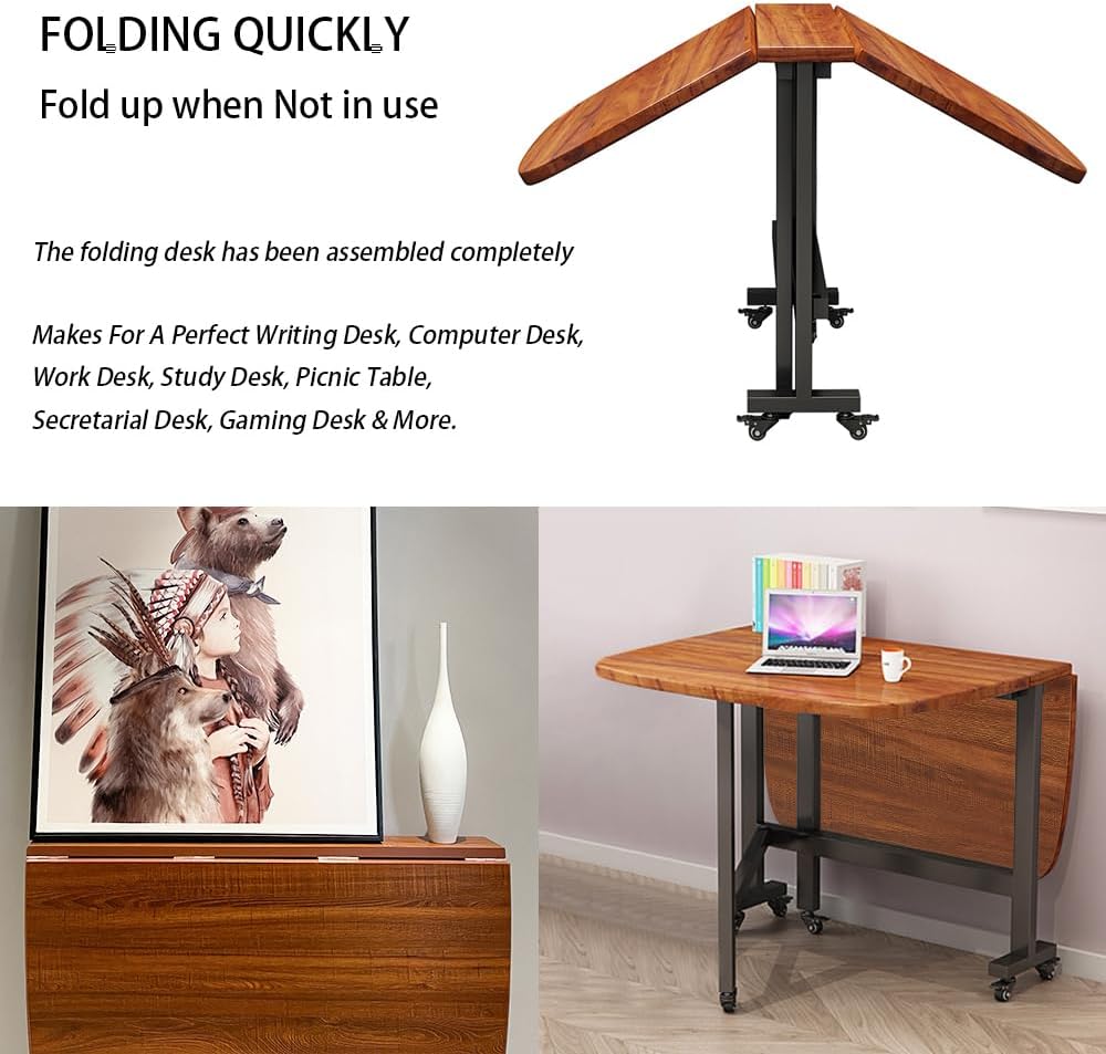 Multifunction Table Drop Leaf Dining Table - 47' Wooden Foldable Kitchen Table with 6 Wheels (Brown)