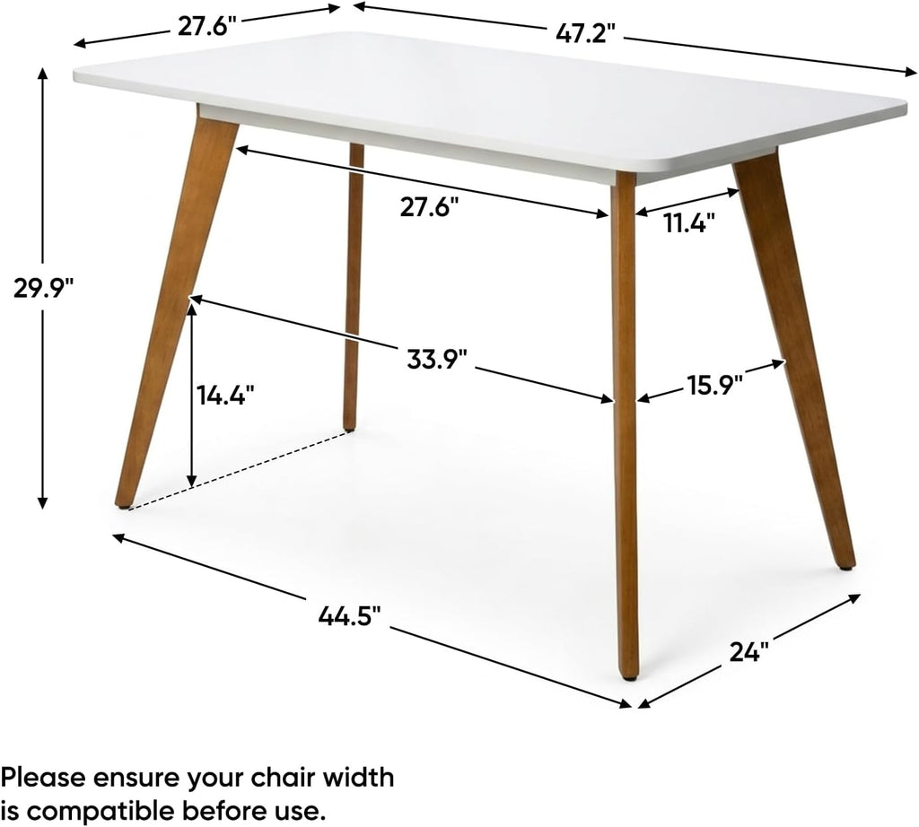 Comfy to go 47.2' Dining Table for 4-6 Person - Rectangular Kitchen Table with Soild Wood Legs Mid Century Modern Table for Dinning Room, Kitchen, Living Room (White)