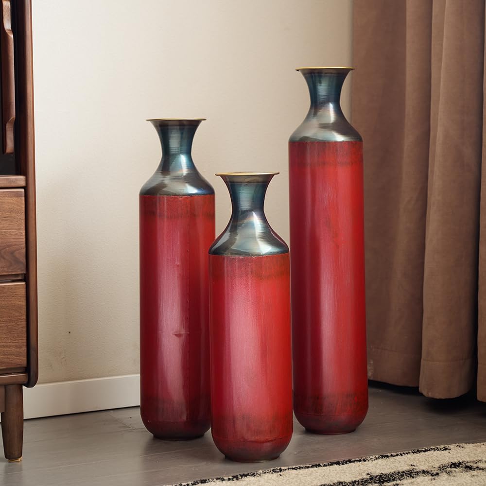Floor Metal Decorated Vases Set of 3 for Gorgeous Home Decoration Large Glazed Metal Vases (Red)