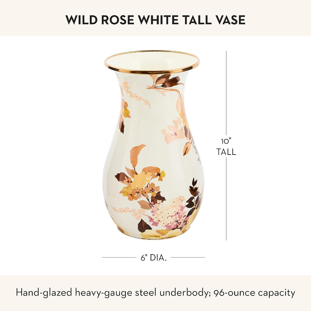 MACKENZIE-CHILDS Tall Enamel Vase, Unique Flower-Vase Decor for Living Room, Wild Rose White