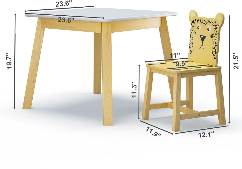 GDFStudio Toddler Table and Chair Set, 5-Piece Kids Dinner Table and Chairs for Ages 3-8, Cartoon Animals Solid Wood Play Table for Drawing, Study, Dining Room, Nursery and Kindergarten, White