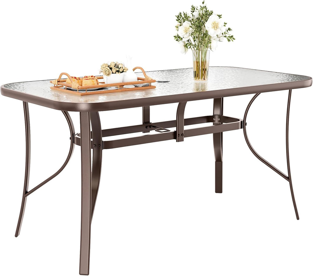 TLSUNNY Patio Outdoor Table W/ 1.69″ Umbrella Hole, 30'X 55' Rectangular Tempered Glass Patio Dining Table for 6, Outdoor Metal Furniture, All-Weather Use, for Patio, Graden, Backyard (Brown)