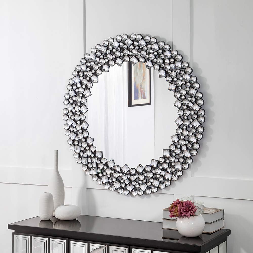 SHYFOY 35.5' Oversize Jeweled Ornate Wall Mirrors Decorative Crystal Accent Round Mirrors for Wall Home Decor, Modern Crushed Diamond Gemstone Mirror for Living Room