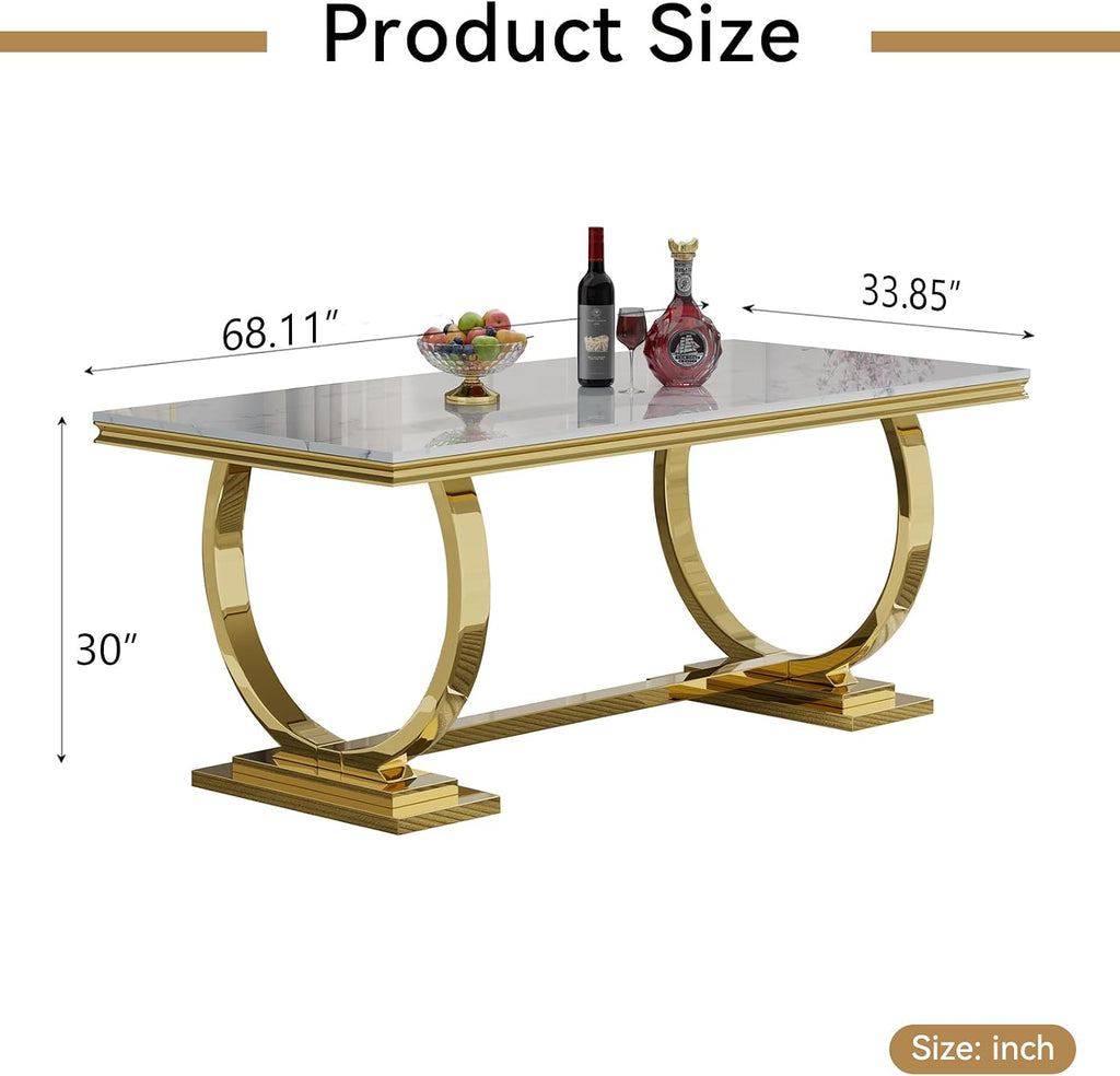 68' White Marble Dining Table for 6-8, Mid Century Modern Dining Table with Faux Marble Top & Gold O Shape Stainless Steel Base, Large Luxury Rectangular Dinner Table for Kitchen Dining Room