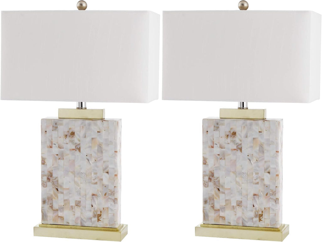 SAFAVIEH Lighting - Tory 24.5' Ivory Shell Table Lamp Set of 2 with White Rectangle Shades, Coastal Nautical Beach House Bedroom Living Room Lighting, LED Bulbs Included (LIT4107A-SET2)