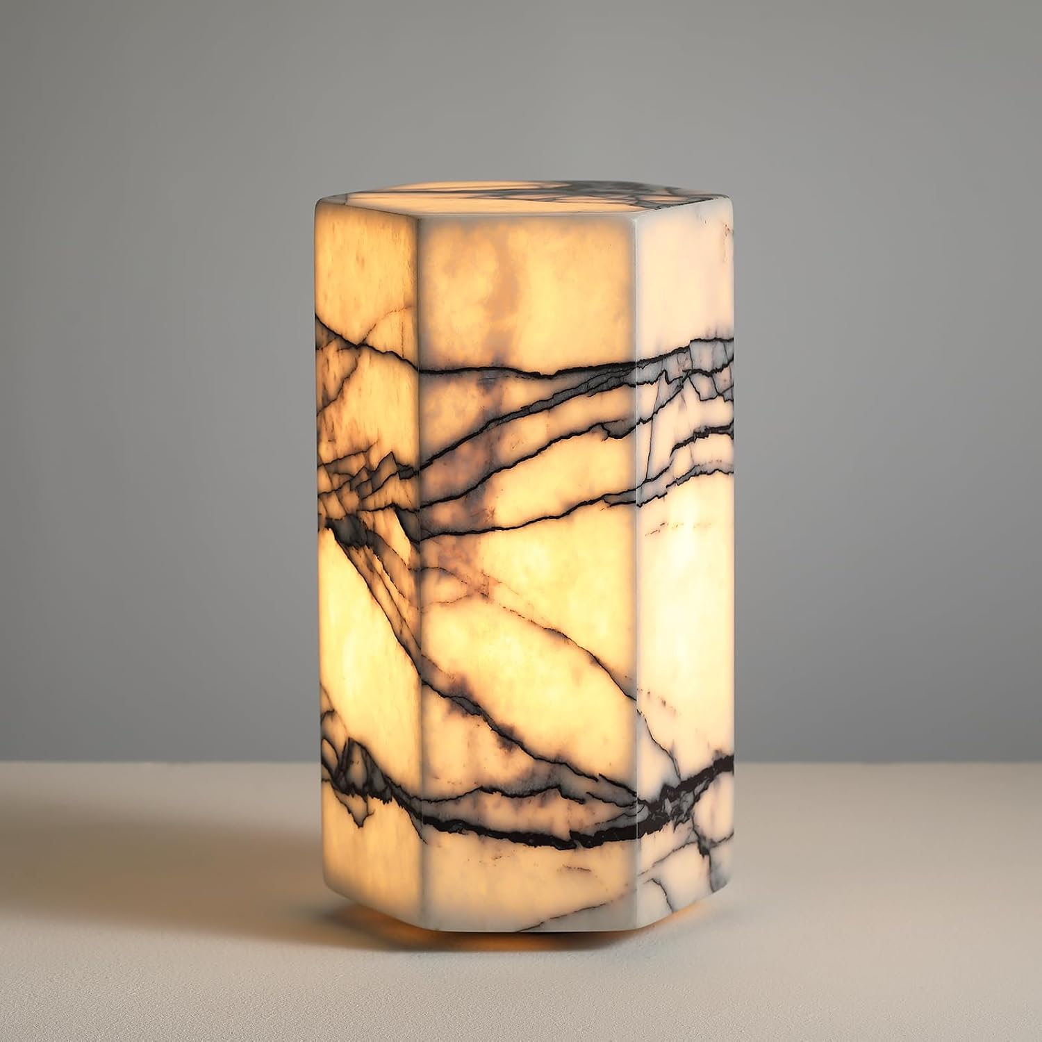 Handcrafted Real Marble Table Lamp, Stone Lamp with Tri-Color Dimmable LED, Bedside Lamp, Small Table Lamp for Home Decor, Accent Table Lamp for Bedroom Living Room, Hexagon