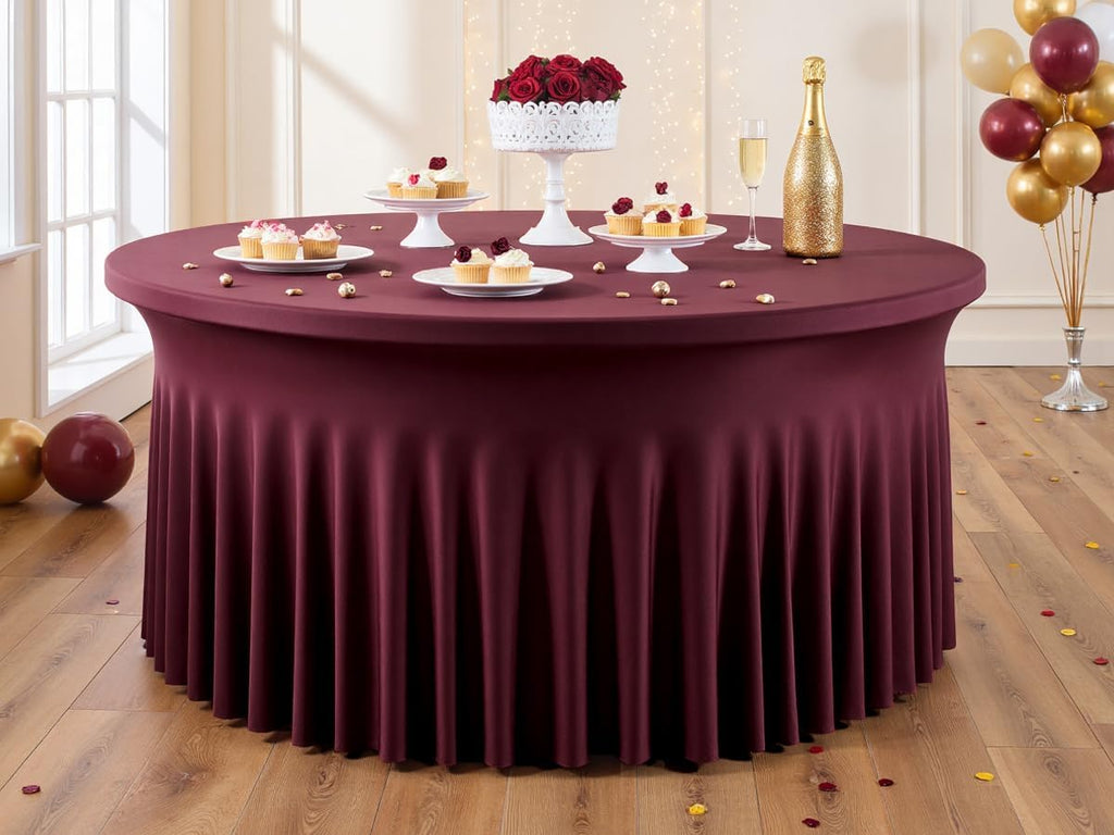Outpain 6 Pack Spandex Burgundy Round Tablecloths for 60in Tables, 120Inch Stretchy Fitted 5FT Round Table Clothes,Wrinkle Free Table Cover with Skirt for Wedding Party Dining Banquet