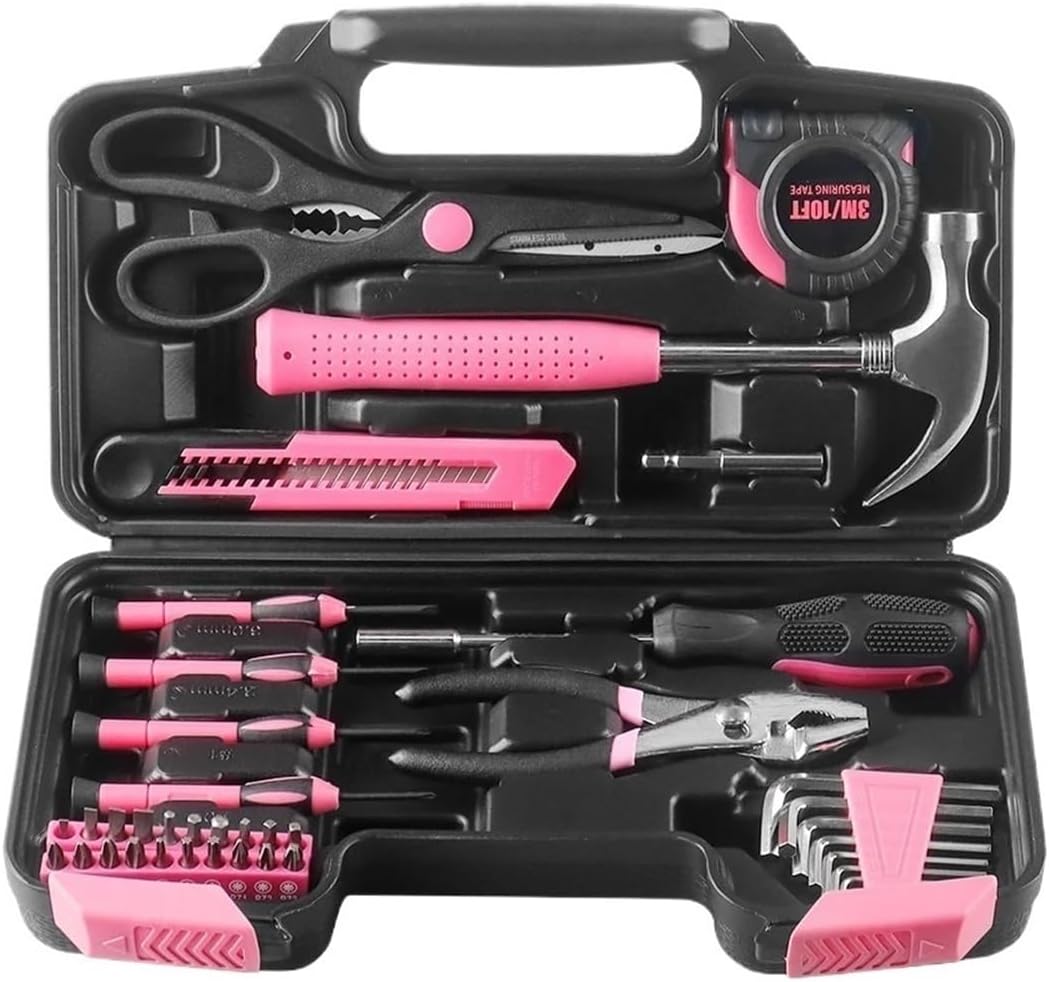 39Pcs Household Repair Tool Kit Multipurpose Pink Home Hand Tool Set with Storage Case Durable Hammer and Screwdriver Set