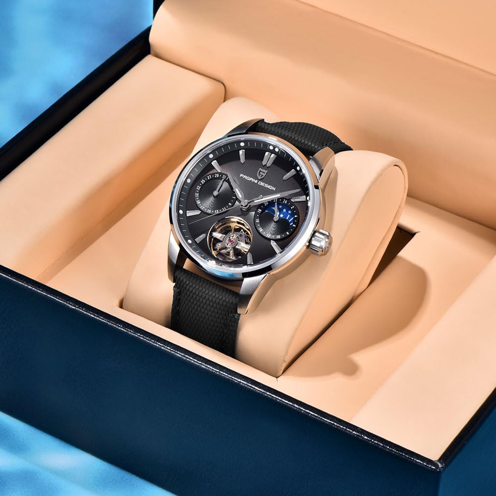 Pagani Design Luxury Men's Automatic Watch Skeleton Tourbillon Moon Phase Stainless Steel 100m Waterproof Leather Strap Men's Mechanical Watch