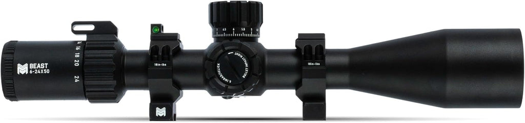Monstrum Beast 6-24x50 FFP Rifle Scope | Featuring ED Glass, Adjustable Objective, Precision Turrets with Zero Stop, Daylight Bright Reticle, and Anti-Cant Scope Rings