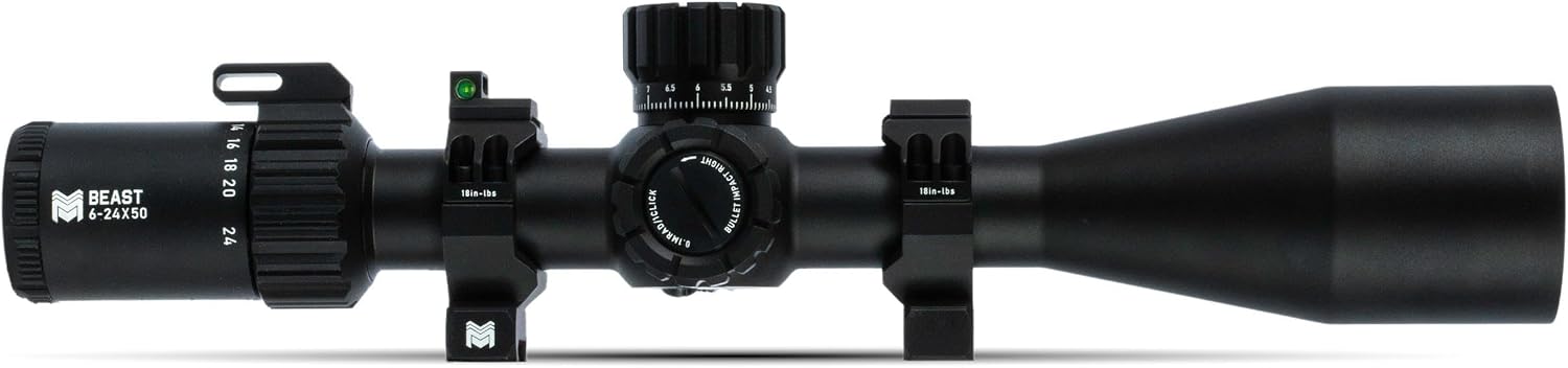 Monstrum Beast 6-24x50 FFP Rifle Scope | Featuring ED Glass, Adjustable Objective, Precision Turrets with Zero Stop, Daylight Bright Reticle, and Anti-Cant Scope Rings