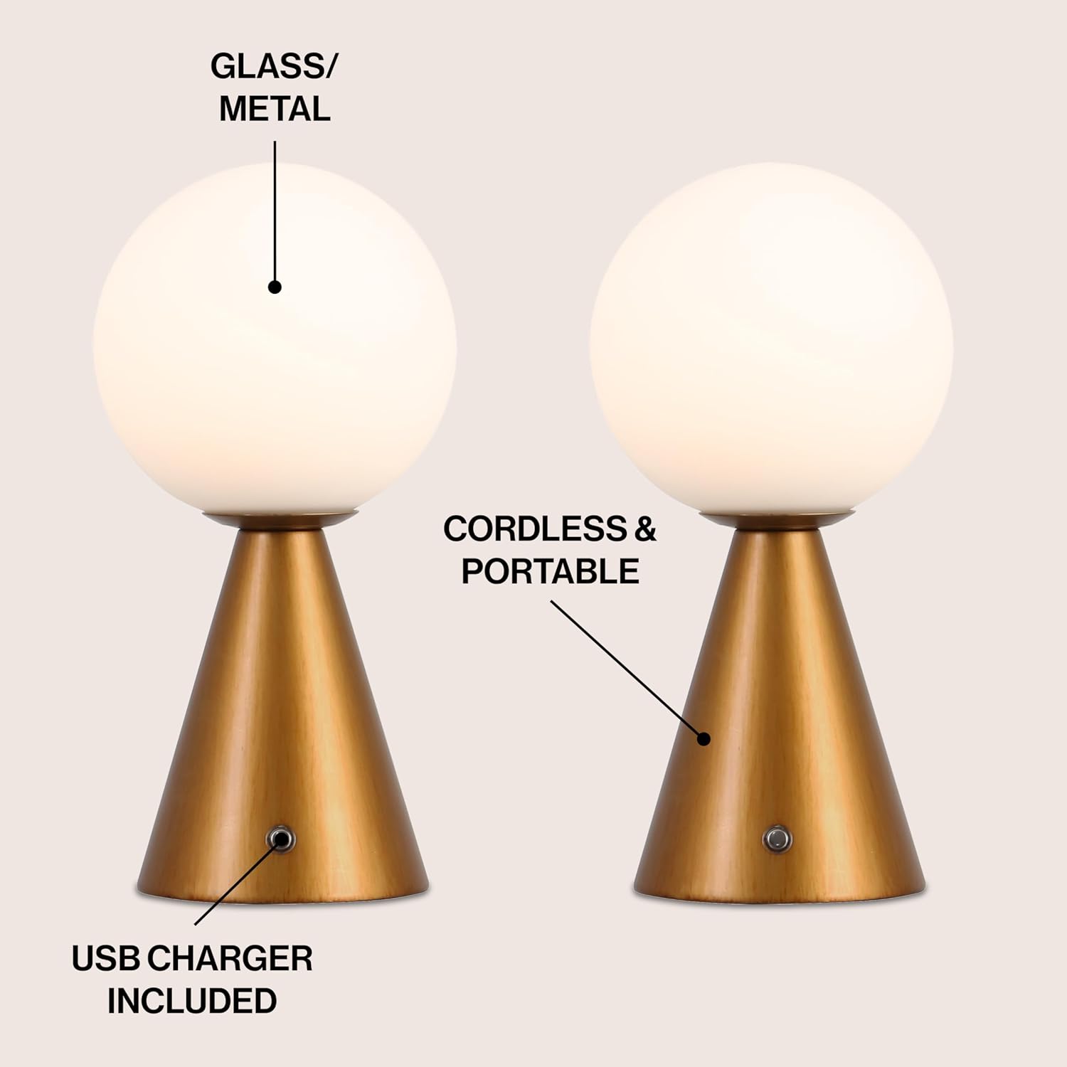 JONATHAN Y 11.75' Antique Gold Macie Modern Globe Cordless Table Lamp Set of 2, Rechargeable Dimmable Integrated LED Touch Sensor Bedside Lamp, White Frosted Glass Shade (JYL7159D-SET2)