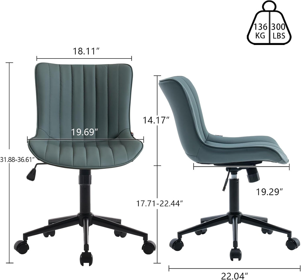 YOUNIKE Ergonomic Armless Office Chair Faux Leather Small Cute Desk Chair with 12° Rocking Back Adjustable Height Swivel Vanity Chair Compact Computer Rolling Task Chair for Small Spaces Greyish Green