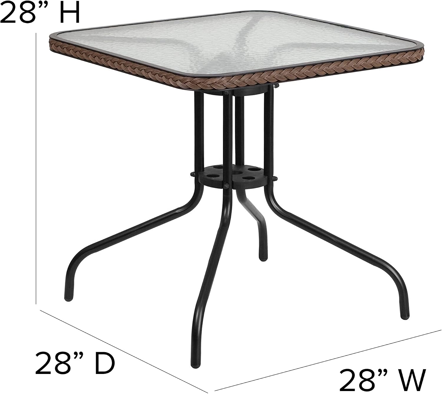Flash Furniture Lila 28'' Square Glass Metal Table with Dark Brown Rattan Edging and 4 Dark Brown Rattan Stack Chairs