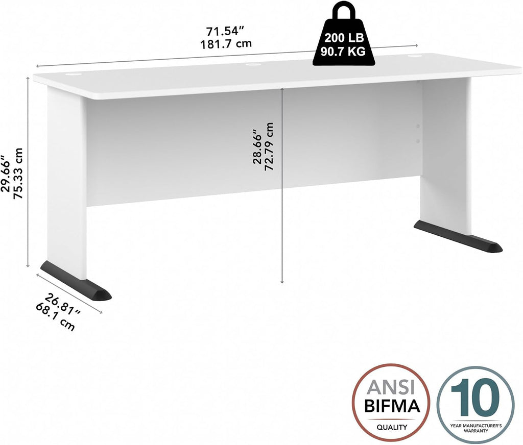 Bush Business Furniture Studio A 72W Computer Desk in White, 6 Foot Gaming and Work Table for Home or Professional Office