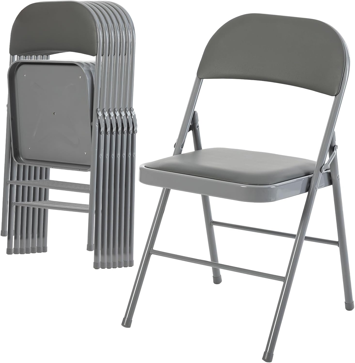DUMOS 8 Pack Folding Chairs with Padded Cushion and Back - PU Leather Stackable Portable Dining Chairs Set, for Home and Office, Conference, Wedding, Party, Patio, Garden, for Indoor Outdoor, Grey