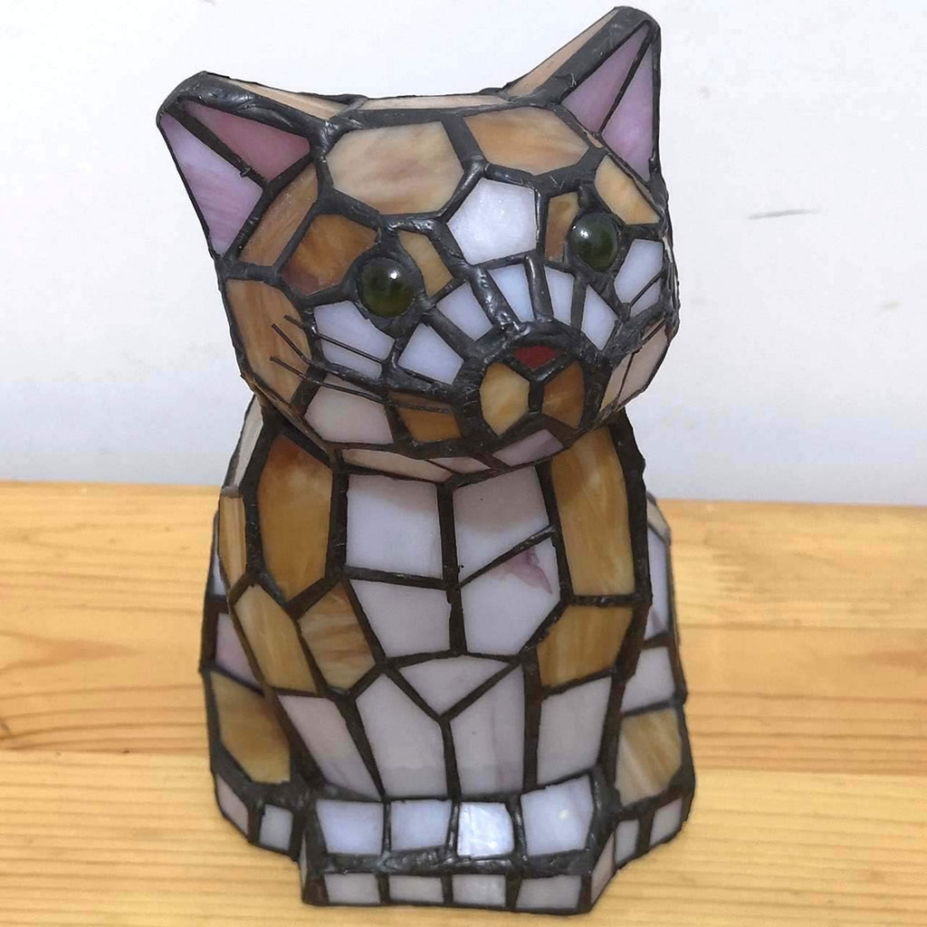 Bieye L10211 Cute Cat Waits for Someone to Play with Tiffany Style Stained Glass Accent Table Lamp Night Light for Home Decoration (One Cat, Yellow)