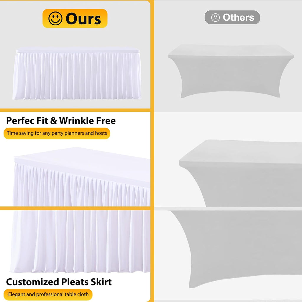 Wish Care 4 Pack White Rectangle Table Clothes for 8 Foot Tables, Polyester Fitted Tablecloths 8ft Stretch Table Cover for Wedding, Birthday, Parties, Trade Show, Craft Show
