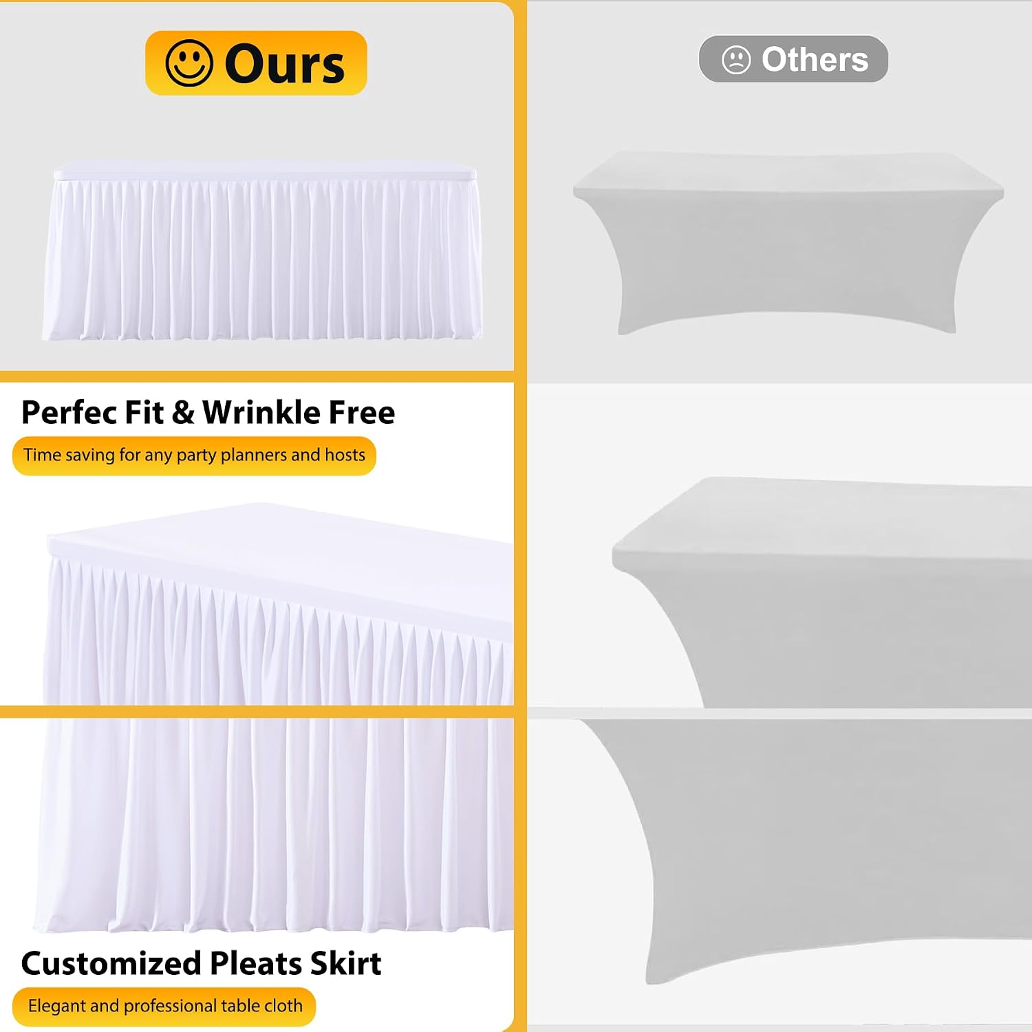 Wish Care 6 Pack White Rectangle Table Clothes for 8 Foot Tables, Polyester Fitted Tablecloths 8ft Stretch Table Cover for Wedding, Birthday, Parties, Trade Show, Craft Show