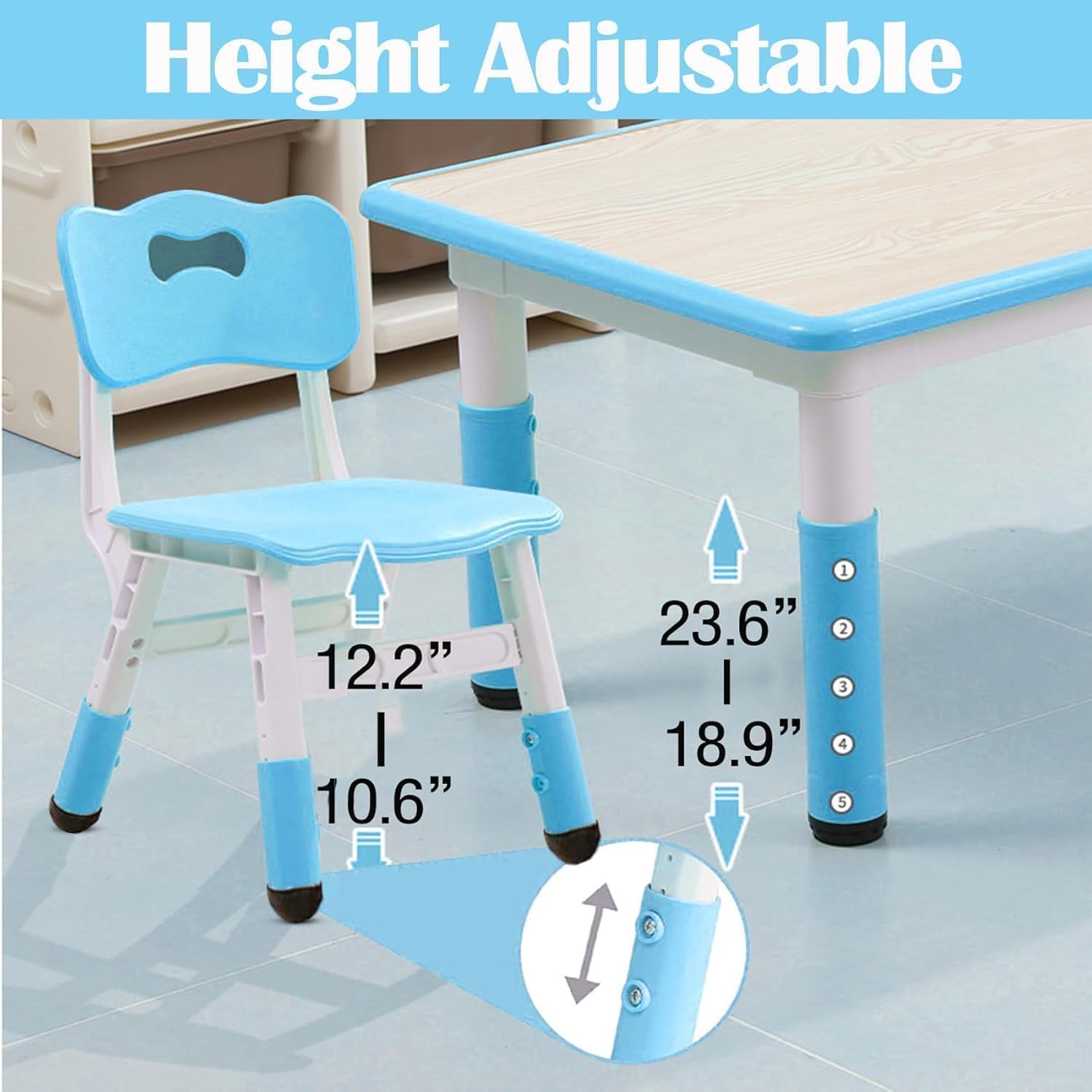Garvee Kids Table and 6 Chair Set,47 in Modern Height Adjustable Toddler Table and 6 Chairs Set with Non-Slip Desk Legs&Organizer Graffiti Desktop,Preschool Activity Art Craft Tables for 6(Blue)
