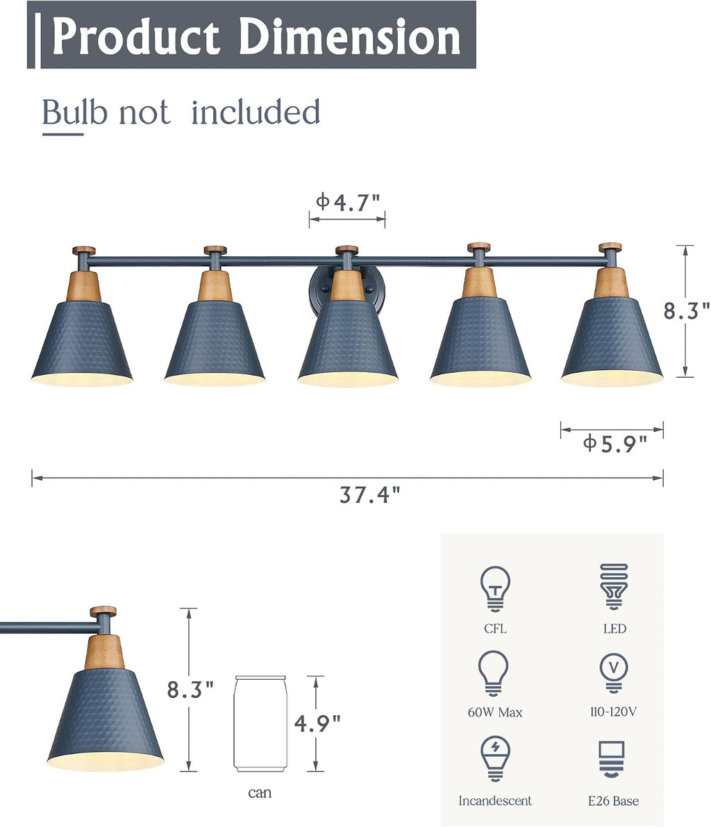 FEMILA 5 Light Bathroom Vanity Light, 37.4' Bathroom Lighting Fixtures Over Mirror, Blue Finish, E26 Base, 4FG59B-5W Blue