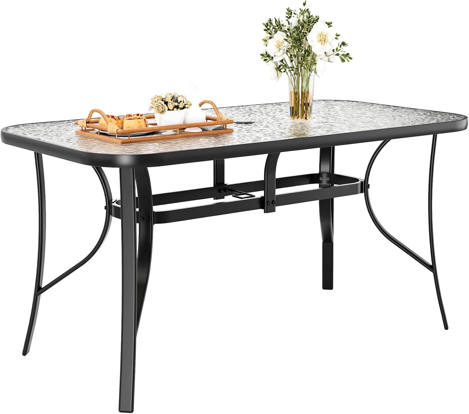 TLSUNNY Patio Outdoor Table W/ 1.69″ Umbrella Hole, 30'X 55' Rectangular Tempered Glass Patio Dining Table for 6, Outdoor Metal Furniture, All-Weather Use, for Patio, Graden, Backyard (Black)