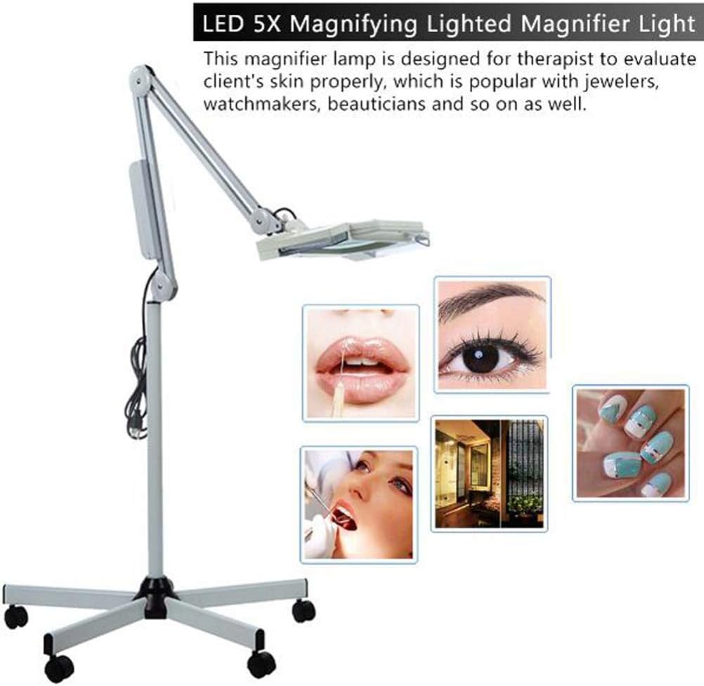 Magnifying Floor Lamp 5X Square Magnifier LED Light Adjustable Swivel Arm Beauty Magnifier Lamp with Rolling Floor Stand