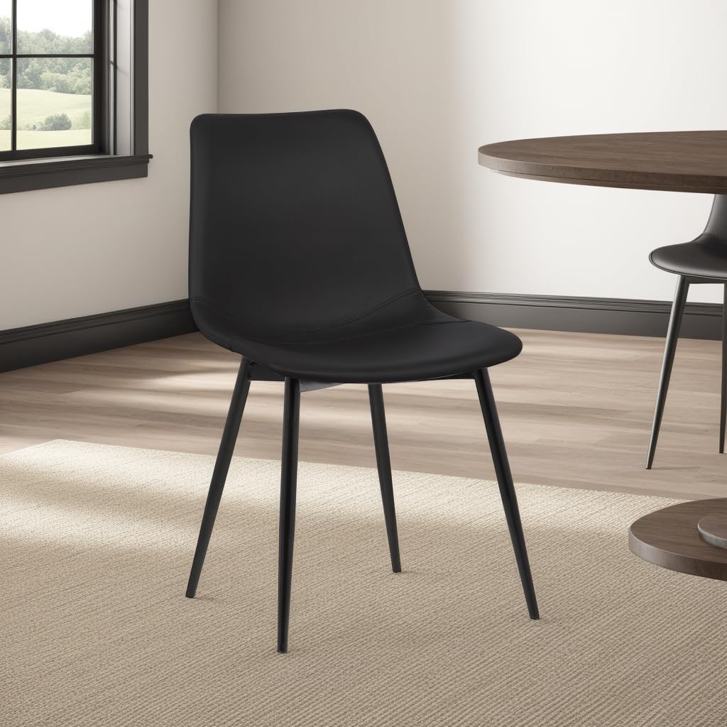 Armen Living Monte Mid Century Modern Dining Accent Chair for Table Kitchen Desk Vanity in Black Faux Leather with Black Metal Legs
