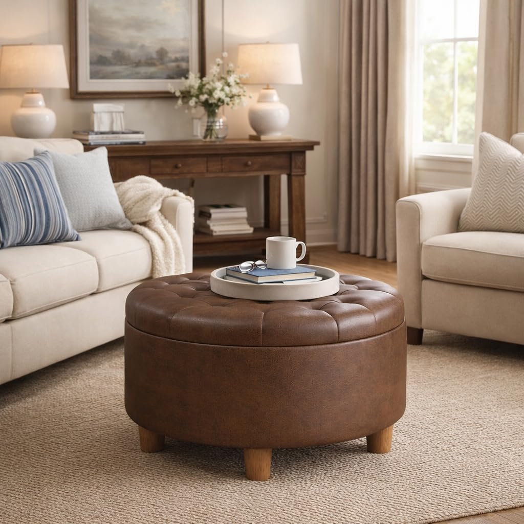 Homepop Home Decor | Button Round Storage Ottoman | Ottoman with Storage for Living Room & Bedroom, Brown Faux Leather