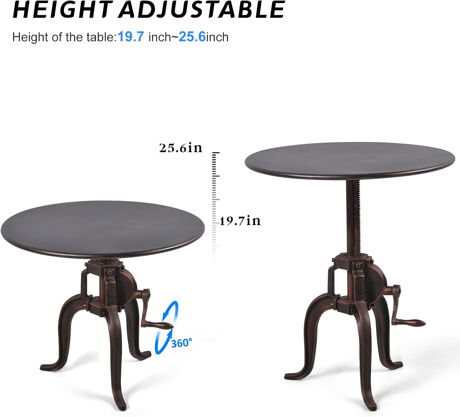 Industrial Heavey Duty Iron Sofa Side Table Crank Lift Up-and-Down Small Round Tea Table, Copper…