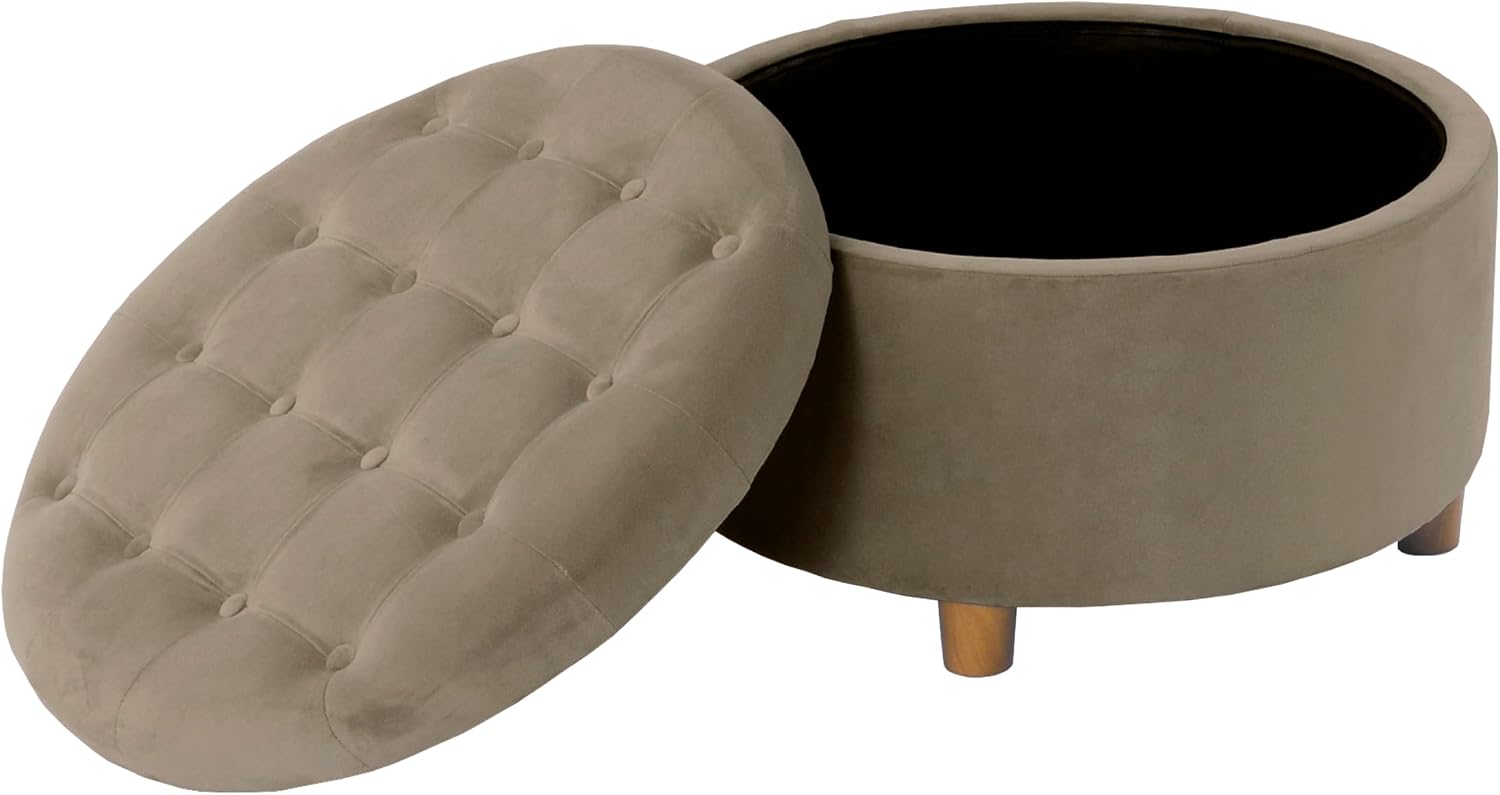 Homepop Home Decor | Button Tufted Velvet Round Storage Ottoman | Ottoman with Storage for Living Room & Bedroom, Fawn Velvet