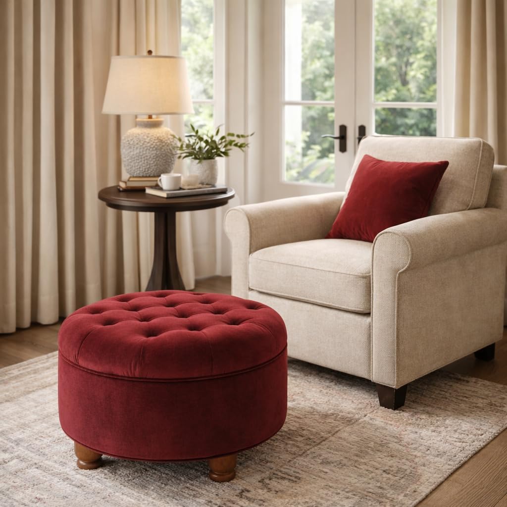 Homepop Home Decor |N8264-B119 | Large Button Tufted Velvet Round Storage Ottoman | Ottoman with Storage for Living Room & Bedroom, Berry