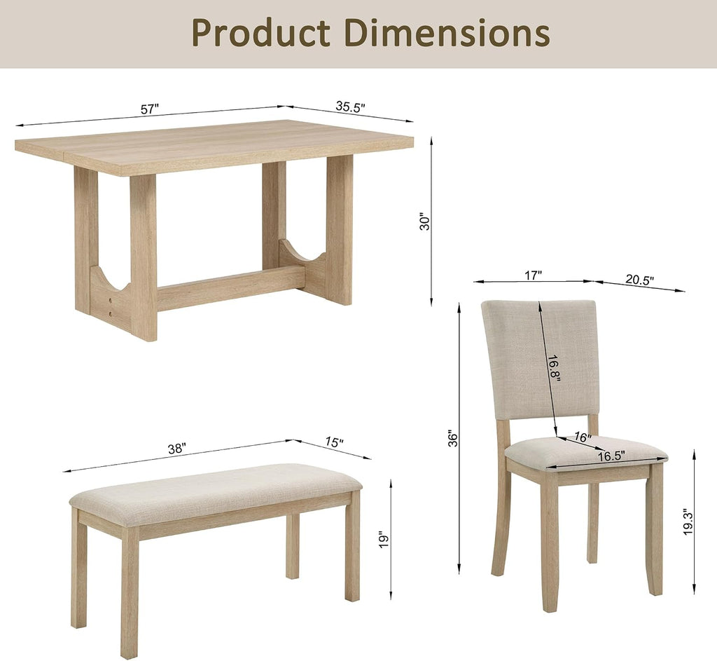 KEIKI 6-Piece Standard Height Dining Table Set with Rectangular Table, 4 Upholstered Curved Backrset Chair, Bench, for 6 Person, Modern Table Set, Easy Assembly, for Kitchen, Dining Room, Beige