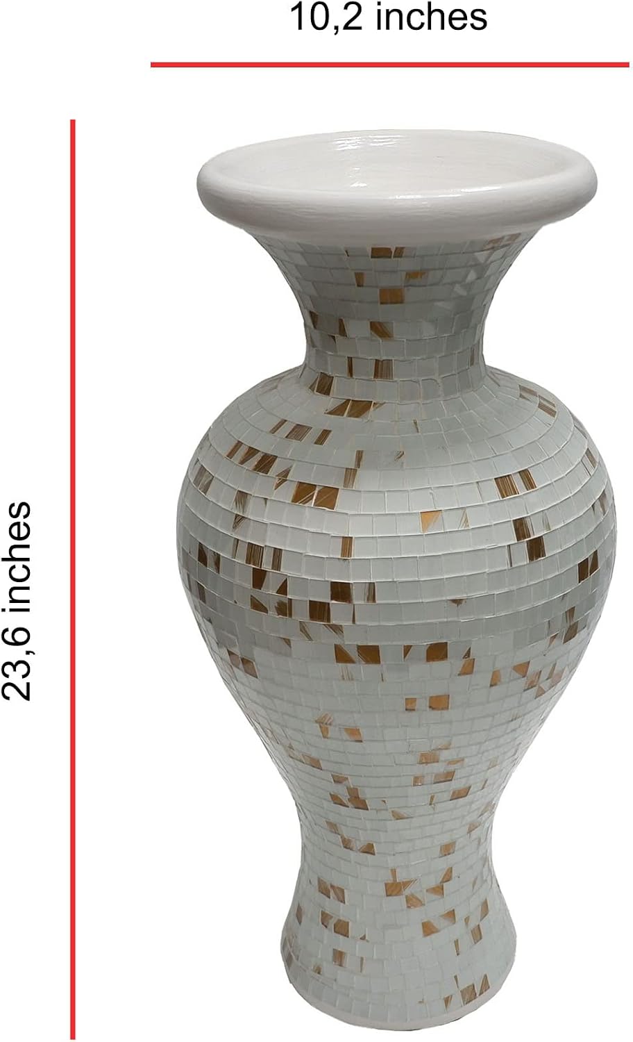 Floor Vase, 24 Inch Mosaic Vase – Tall Cylinder Made of Terracotta with White and Gold Glass Mosaic Pieces – Handcrafted Decorative Home Décor Accent Piece for Bedroom, Living Room, Office