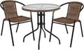 Flash Furniture Lila 28'' Round Glass Metal Table with Dark Brown Rattan Edging and 2 Dark Brown Rattan Stack Chairs