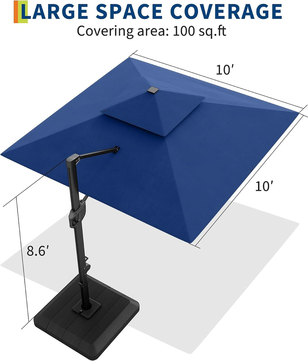 Garvee 10 ft Solar Lights Cantilever Patio Umbrella with Base Included, 360° Rotation Offset Umbrella, Easy Crank & Tilt Adjustment, UV Protection for Backyard, Poolside, Deck -Navy Blue