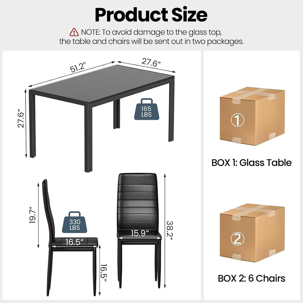 Recaceik 7 Piece Dining Table Set for 6, Tempered Glass Kitchen Table and PU Leather Chairs, Modern Dining Room Table Set for Small Space, Apartment