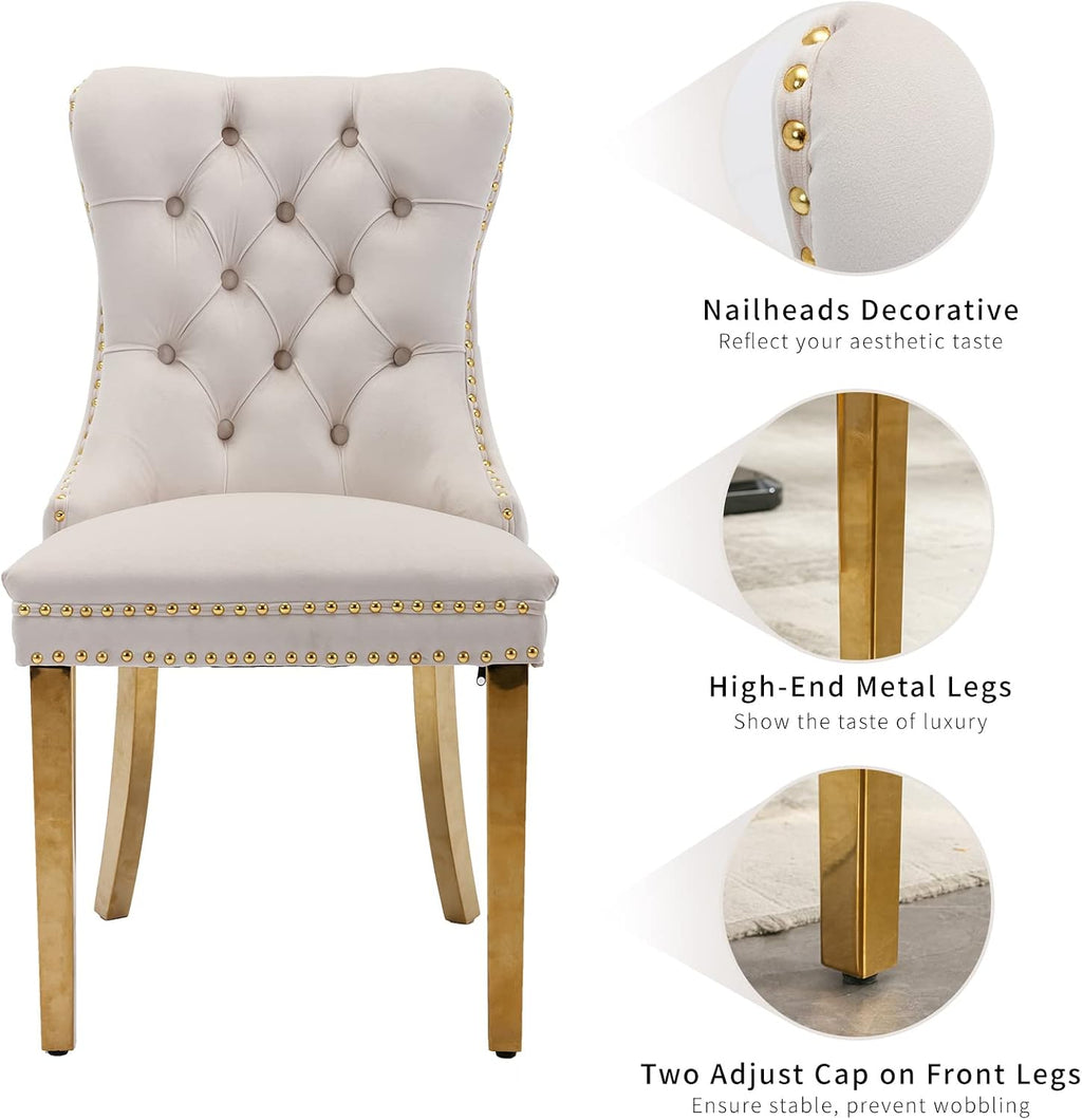 ODUSE-DAILY Velvet Dining Chairs Set of 4, Kitchen & Dining Room Chairs Set of 4, Tufted Dining Chairs, Velvet Upholstered, Golden Metal Legs (Beige)