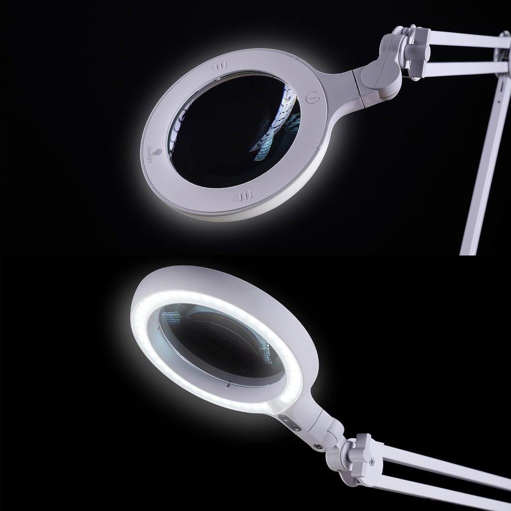 Omega 5 - Premium LED Magnifying Lamp with Interchangeable Glass Lenses, Adjustable Arm, and Dimmer Switch for Professionals in Health & Beauty, Model Making, and Low Vision Applications
