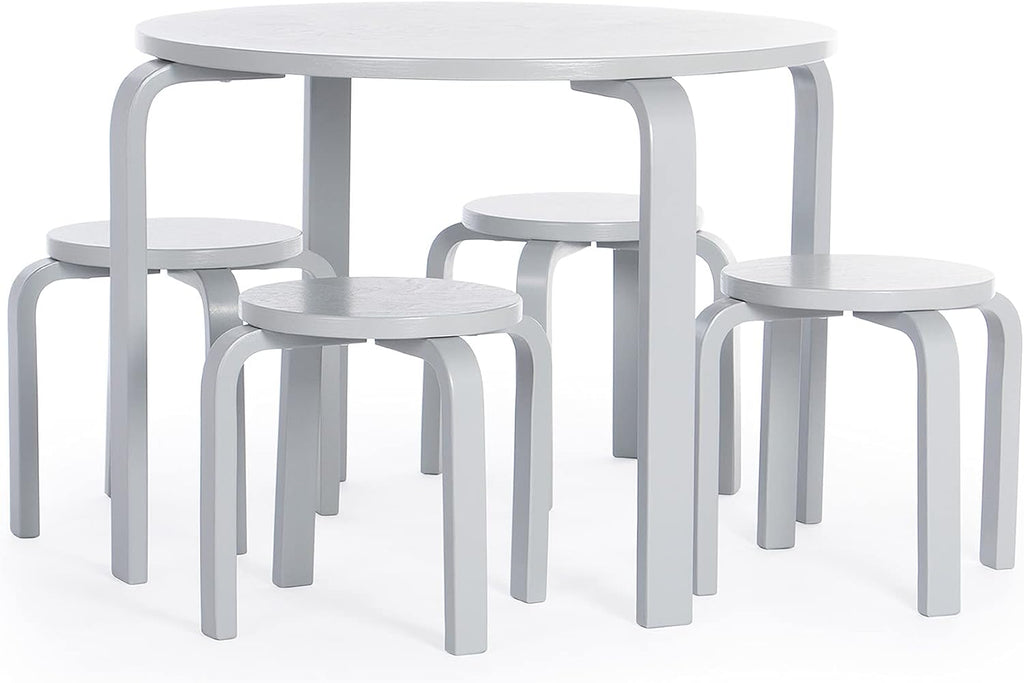 Guidecraft Nordic Table and Stools Set for Toddlers: Gray - Stacking Bentwood Stools with Curved Wood Activity Play Table - Toddler's Modern Kitchen, Playroom and Classroom Furniture