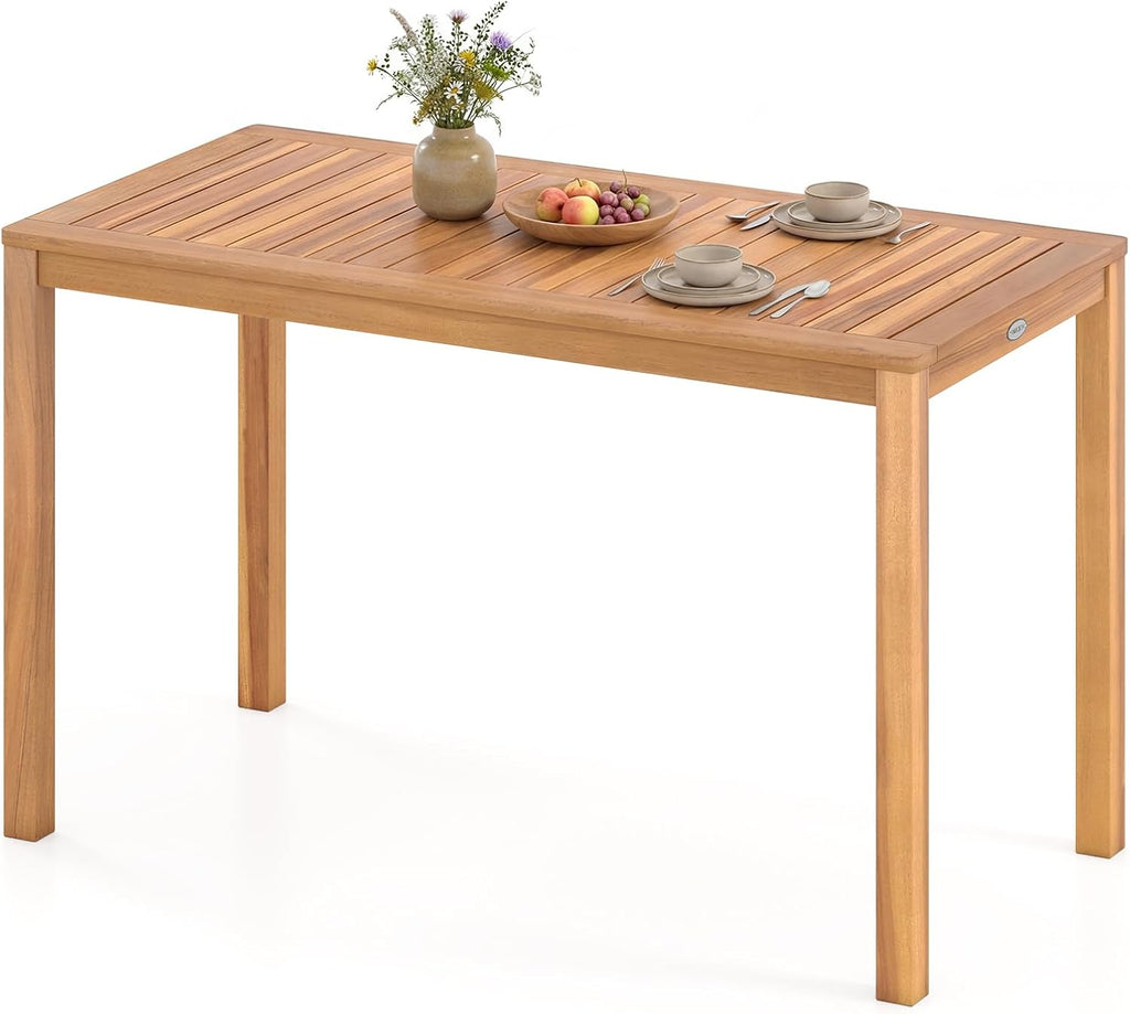 Tangkula Outdoor Acacia Wood Dining Table for 4-6, Rectangular Patio Table with Slatted Tabletop, Outside Dinner Table for Garden, Balcony, Deck and Backyard