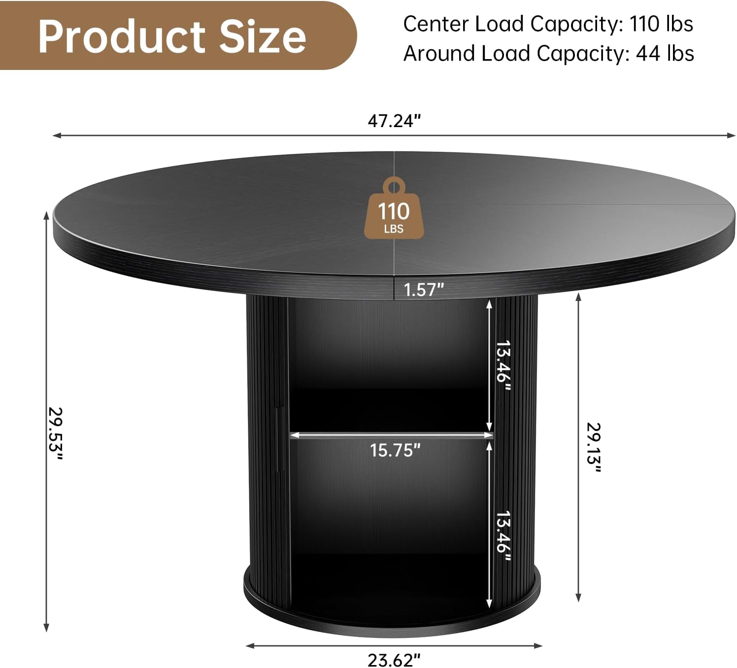 47 inch Round Dining Table for 4, Farmhouse Kitchen Table with 2-Layer Storage Shelf and Wood Slide Door Modern Dinner Table or Home Dining Room Living Room (Black)
