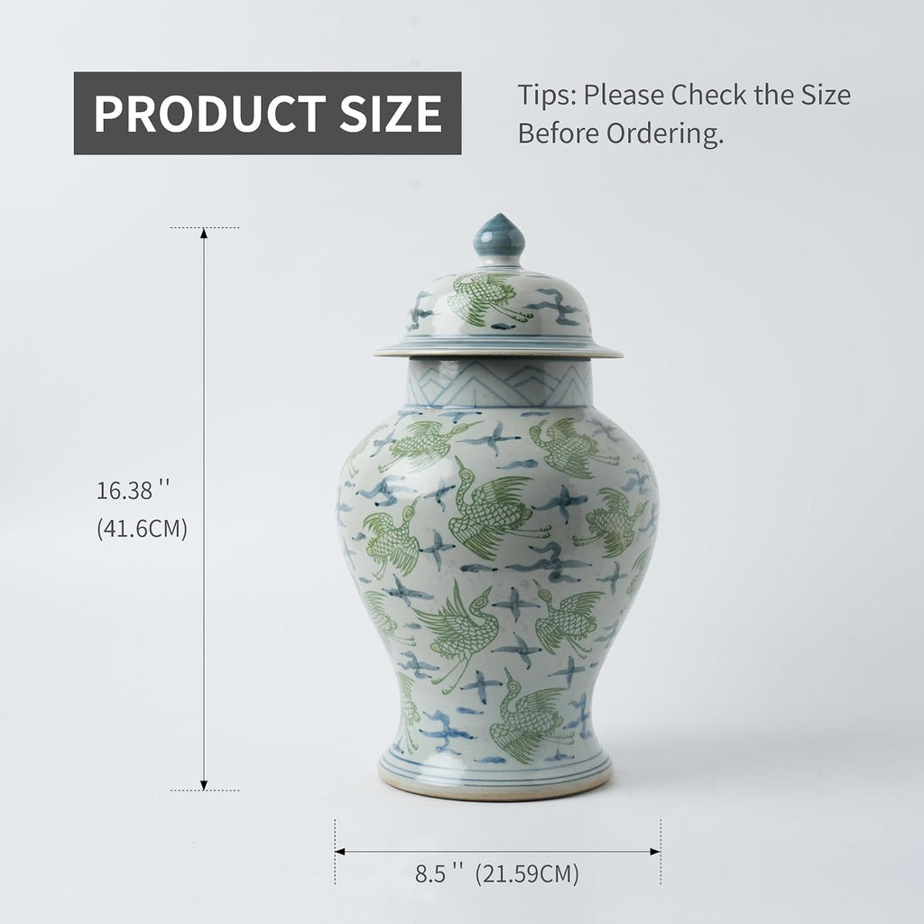Handmade 41' Ceramic Ginger Jar w/Lid - Classic Chinese Style Porcelain Jar Tea Storage for Home Decor DecorativeTemple Jar Centerpiece Vintage Accent Antique Vase (Green White)
