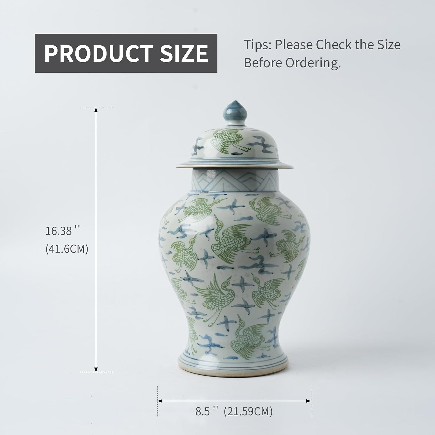 Handmade 41' Ceramic Ginger Jar w/Lid - Classic Chinese Style Porcelain Jar Tea Storage for Home Decor DecorativeTemple Jar Centerpiece Vintage Accent Antique Vase (Green White)