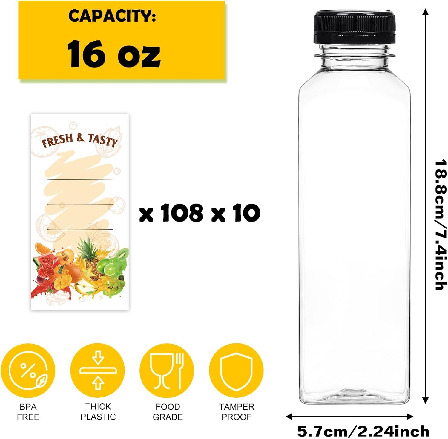 BAKHUK 1080pcs 16oz Empty Plastic Juice Bottles with Caps, Plastic Water Bottles with lids, Reusable Clear Bulk Beverage Containers for Juice, Milk and Other Beverages
